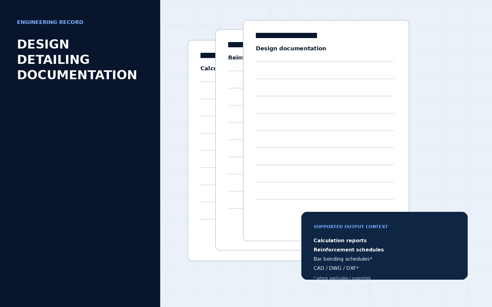 Conceptual engineering documentation composition representing calculation reports, reinforcement schedules and supported CAD-related outputs.