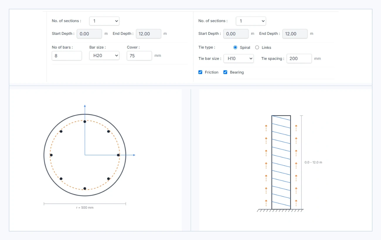 Real GeoSpiro Pile interface composition showing pile controls, circular pile section and longitudinal reinforcement.